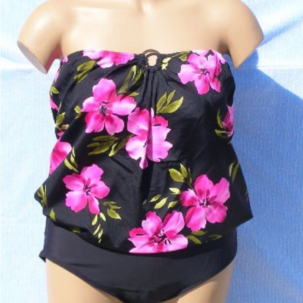 24W plus size blouson tankini bandeau top strapless 8660W-195 black pink